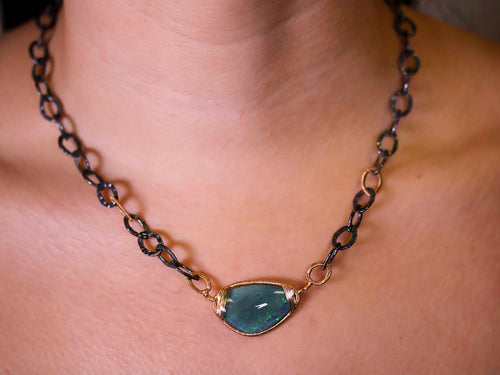 Opal Pendant with Gold and Silver Chain Link Necklace