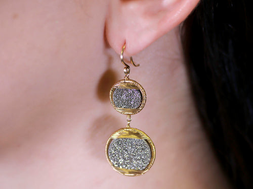 Druzy Diamond Dangle Earrings in 14K Yellow Gold