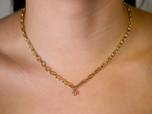 Dangling Bezel Diamond with Oval Link Chain Necklace