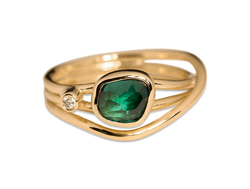 Green Tourmaline and Diamond Triple Row Ring