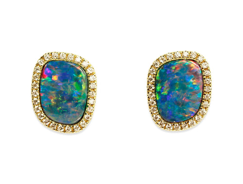 Australian Opal Doublet and Diamond Stud Earrings in 14K Yellow Gold