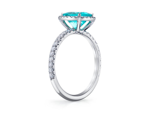 Paraiba Tourmaline and Diamond Halo Ring in Platinum