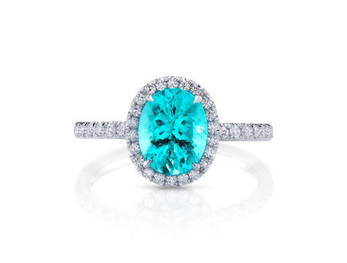 Paraiba Tourmaline and Diamond Halo Ring in Platinum