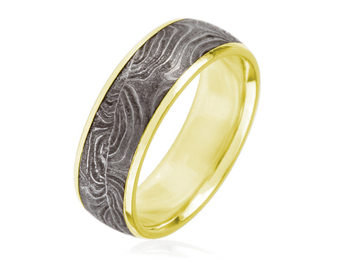 Damascus Steel and 18K Yellow Gold Men's Wedding Band