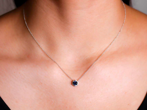 Sapphire and Halo Diamond Necklace in White Gold